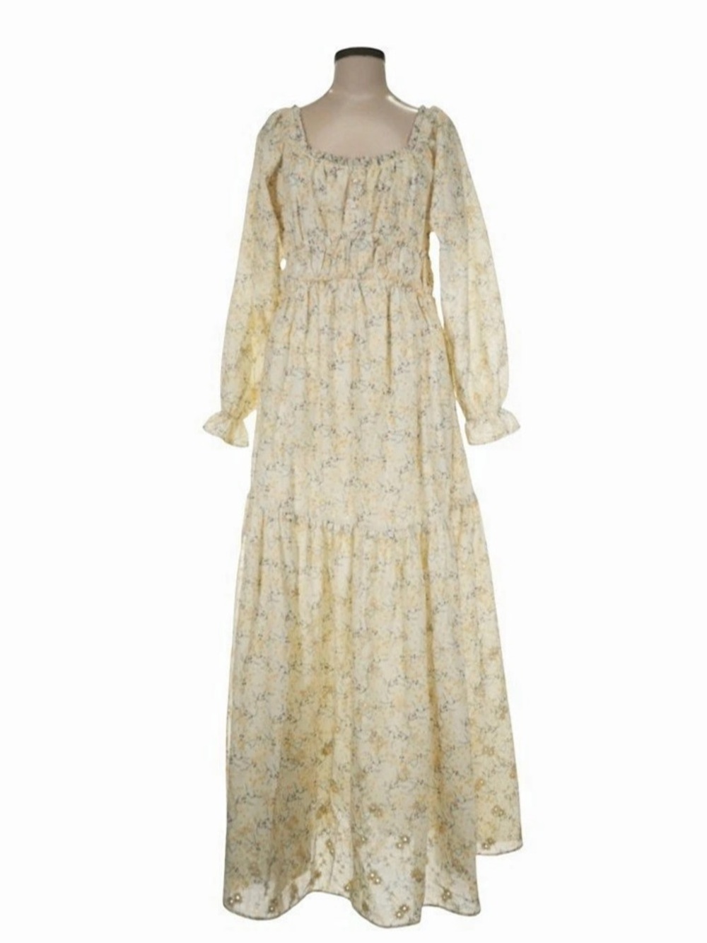 Victorian Tiered Floral Cream Yellow Maxi Dress